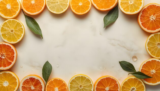 Fresh citrus fruit slices flat lay. Vibrant orange and lemon border on marble background.