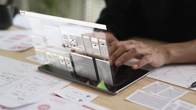 A male designer working on website prototype, in UX UI concept design and development for a website and mobile app prototype, with hologram interface