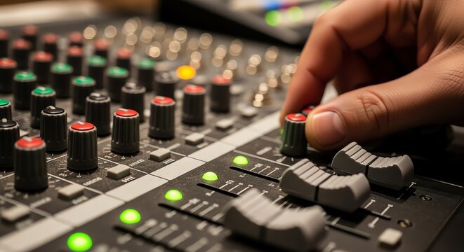 Audio engineer adjusting sound levels on a professional mixing console in a dimly lit recording studio environment
