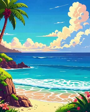 A vibrant tropical beach scene with palm trees, rocky cliffs, pink flowers, turquoise waves, and a bright blue sky filled with fluffy clouds.	video
