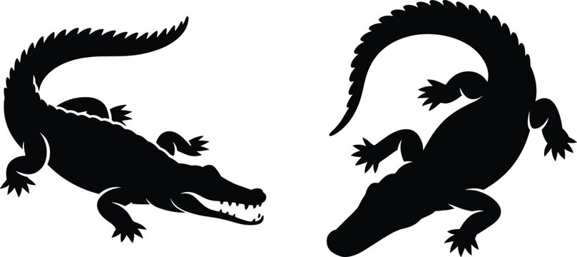 Crocodile silhouettes flat vector illustration. Two wild alligator icons showcase curved bodies, scaly skin textures, sharp teeth, and dangerous predatory stances.