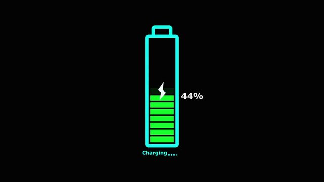 A battery with a bright cyan outline and a white lightning bolt symbol is displayed on a black background, showing hundred percent charge with green battery leve.