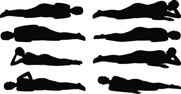 Lying people flat vector illustration. Eight black human silhouettes rest horizontally in various positions including sleeping face down and reclining sideways on an elbow.
