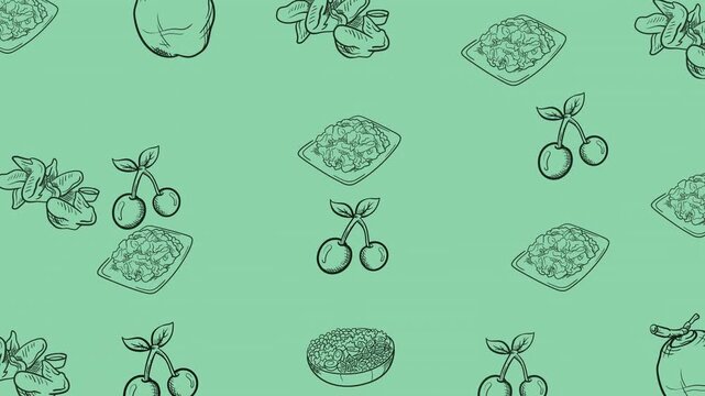 Animated seamless cherry and watermelon doodle pattern on green background