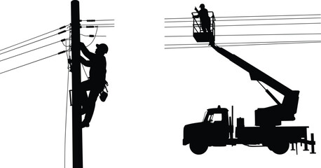 Utility linemen flat vector illustration set. Black silhouettes show professional workers fixing power lines on poles and climbing cherry picker boom trucks. © Olivia