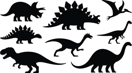 Dinosaur silhouettes flat vector illustration set. Black prehistoric reptiles include a fierce tyrannosaurus, horned triceratops, spiked stegosaurus, and flying pterodactyl. © Olivia