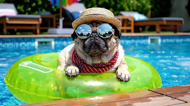 Pug dog floats in swimming pool wearing sunglasses and straw hat. Funny pug relaxes on green inflatable ring. Small dog enjoys summer pool vacation. Pug with sunglasses cools off. Summer holiday