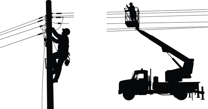 Utility linemen flat vector illustration set. Black silhouettes show professional workers fixing power lines on poles and climbing cherry picker boom trucks.