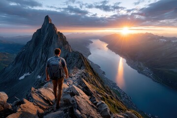 Fototapeta premium Hiker on mountain ridge at sunset over lake