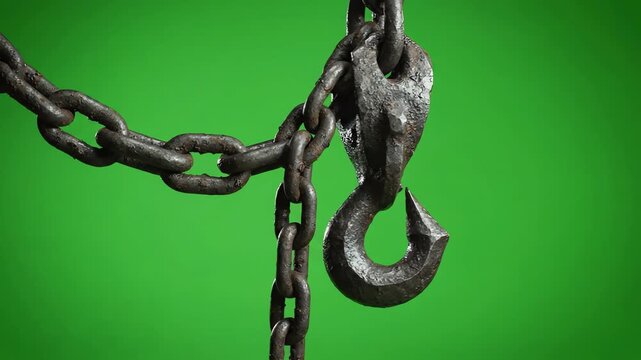 Heavy industrial metal chain and steel hook descending and swinging slowly against a chroma key green screen background