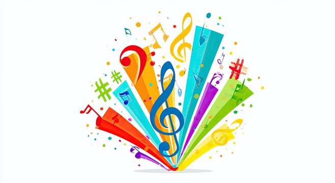 Vibrant explosion of colorful musical notes and symbols radiating outward