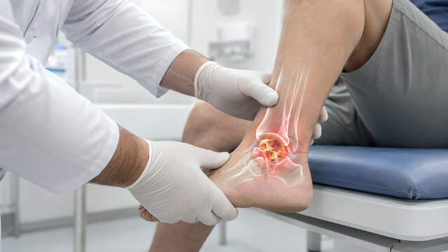 Ankle gout clinical procedure with urate crystal arthritis shown in a photorealistic medical illustration of inflamed ankle joint for healthcare education, clinic communication, and patient awareness