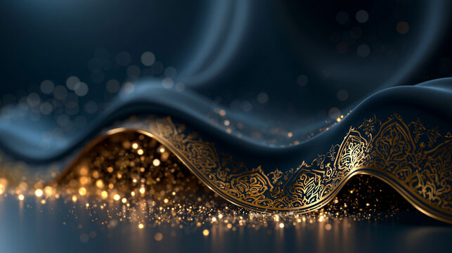 Dunkelblauer Seidenstoff mit goldenem Ornament schimmert voller Glitzer