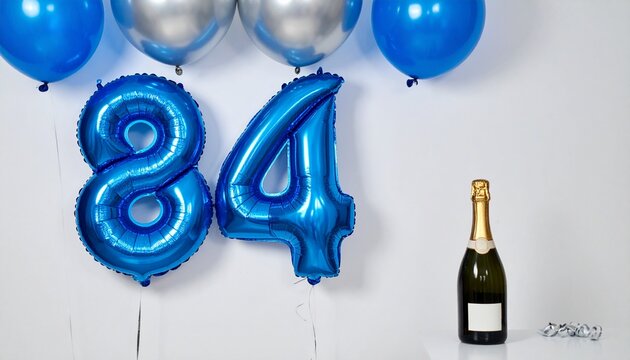 Blue Number 84 Balloon with Champagne Bottle for Birthday or Anniversary Celebration