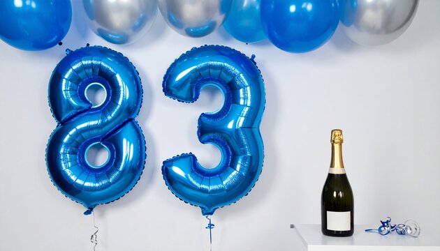Blue Number 83 Balloon with Champagne Bottle for Birthday or Anniversary Celebration