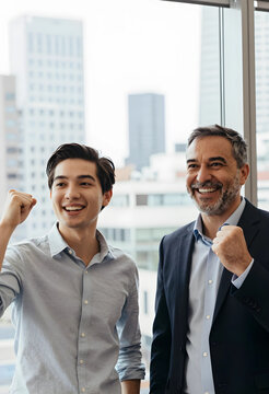 Two excited businessmen celebrating success with fists raised in a modern office with city views, They are smiling and looking forward, with a city skyline visible through the large window