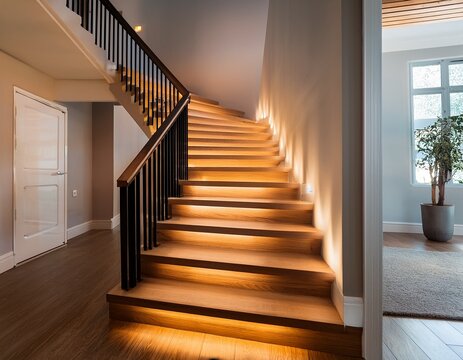 staircase with warm low light led steps and wooden treads newly sanded interior home entryway with modern railing and shadows