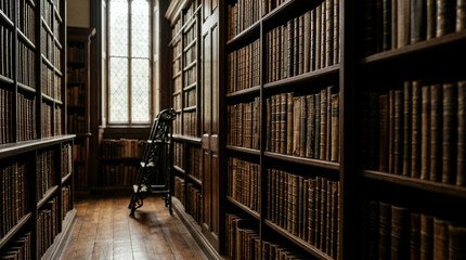 Obraz premium Ancient books fill wooden shelves in a quiet historic library with tall windows
