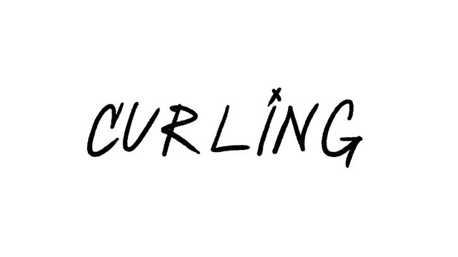 Horizontal 4K cartoon video. Loop animation. Black and white hand drawn line art doodle curling player slides on sheet of ice and throws granite stone also called rocks. Concept of win, winter sport