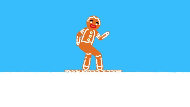 Horizontal 4K animation video. Cartoon brown gingerbread man rides snowboard down snow hill, jumps, performing trick over mountain, waves hello. Athlete won. Winter extreme sports competition, travel