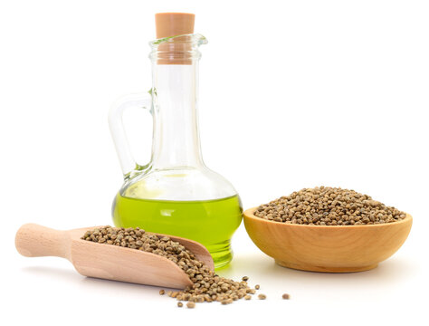 Hemp Seed Oil in Glass Bottle with Seeds