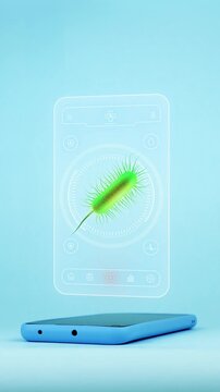 Doctor using mobile app interface on smartphone for E. coli diagnosis showing bacterial model, innovative technology for early detection of food poisoning and gut infection. Light blue background.