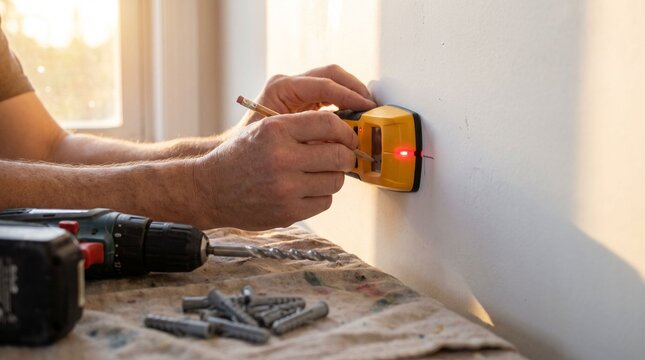 Man using stud finder on wall during home renovation project