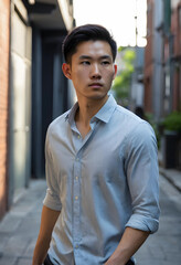 Fototapeta premium Young asian man in a light blue button-up shirt standing in an urban alleyway looking away from the camera, He looks away from the camera with a thoughtful expression