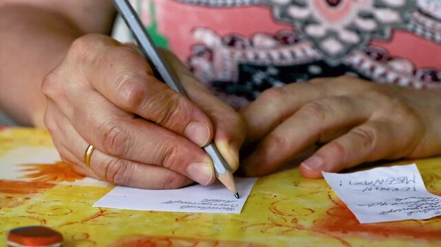 Woman  writing a shopping list or practicing German shopping vocabulary by writing a grocery list with a pencil on a small paper note