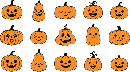 Naklejka premium Halloween pumpkin icons set, 15 orange jack-o-lantern vector illustrations with cute faces, spooky autumn holiday character collection for seasonal decor