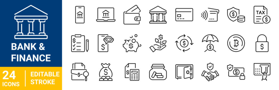 Bank finance line icon set , banking and fintech. digital banking, mobile payments, online finance, investment, financial analytics, payment processing