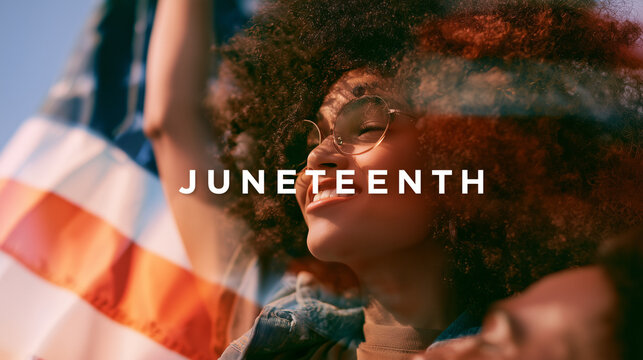 Woman Celebrating With American Flag and Juneteenth Text.
