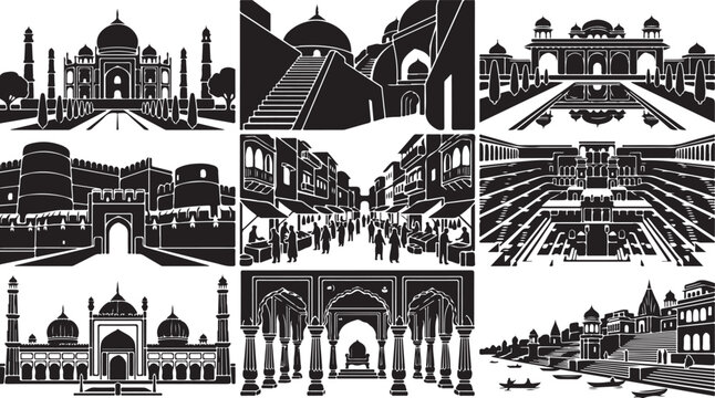 Set of nine black and white silhouette featuring iconic indian landmarks, mughal architecture, traditional stepwells, bustling street markets, and riverside ghats in india