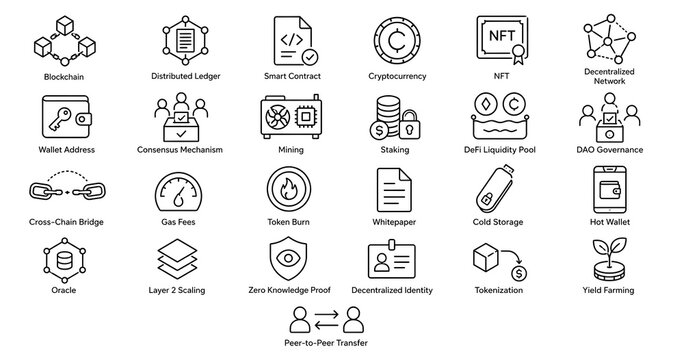 Blockchain and cryptocurrency icon set, 25 decentralized finance line elements, digital wallet and smart contract symbols for fintech web design