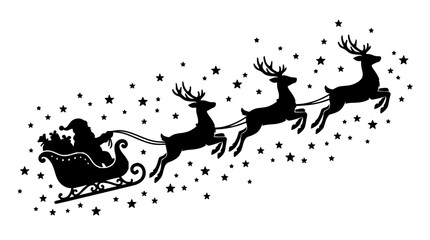 Naklejka premium Santa Claus sleigh ride with flying reindeer set with festive holiday illustration featuring Christmas, holiday, and winter with magical atmosphere and joyful celebration