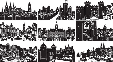 Set of nine black and white silhouettes depicting medieval european townscapes, fortified castles, timber-framed houses, watermills, city walls, and harbor scenes with sailing ships on a white © MdAbu