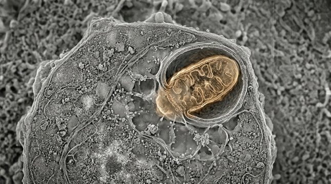 Mitochondrion inside primitive host cell demonstrating endosymbiosis, eukaryotic organelle membrane fusion in evolutionary biology, microscopic structure explaining rare earth fermi paradox.