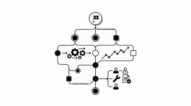 A flowchart illustrating process steps with icons for goals data and personnel