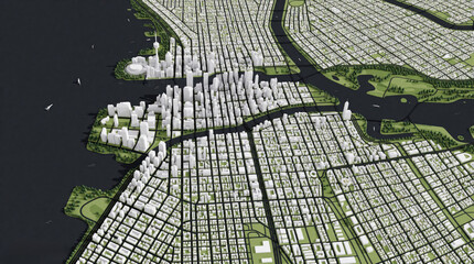Fototapeta premium Aerial view 3D map of Toronto city with skyscraper buildings. Urban landscape layout shows streets rivers, parks. Modern metropolis design model illustrates town infrastructure traffic blocks,