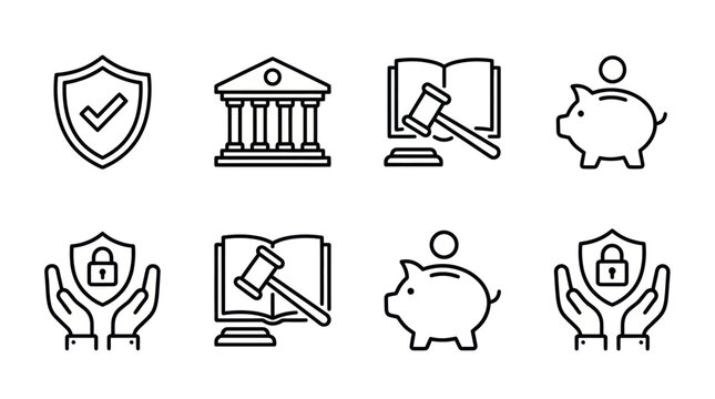 Law justice and financial security line icon set.