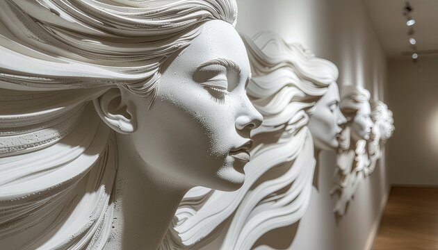 Abstract 3d bas relief wall sculpture featuring faces of beautiful women