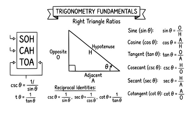 Basic Trigonometric Identities and Formulas Handwritten Math Vector Illustration