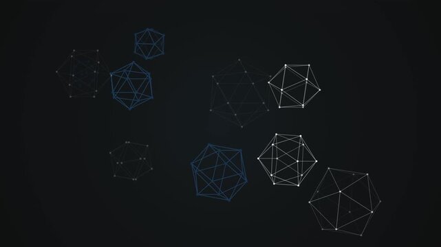 Abstract geometric shapes wireframe animation on dark background with blue accents.