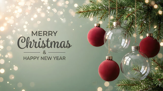Merry christmas and happy new year greeting card with red ornaments and evergreen tree branches