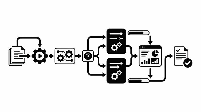 A flowchart showing data processing analysis and validation with progress indicators