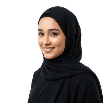 Smiling muslim woman in hijab isolated on transparent background