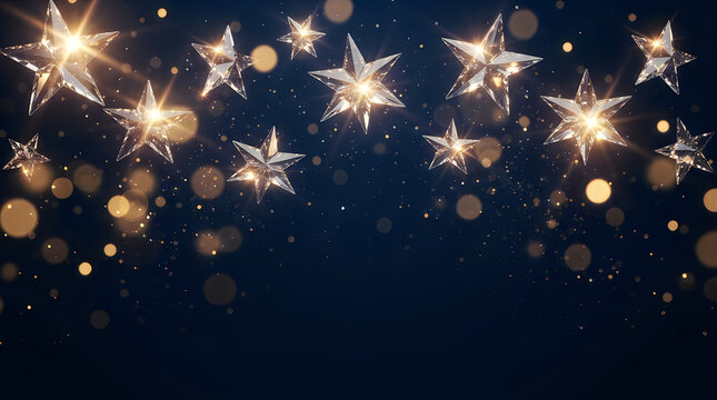 Shiny silver stars with glowing golden lights on a dark background