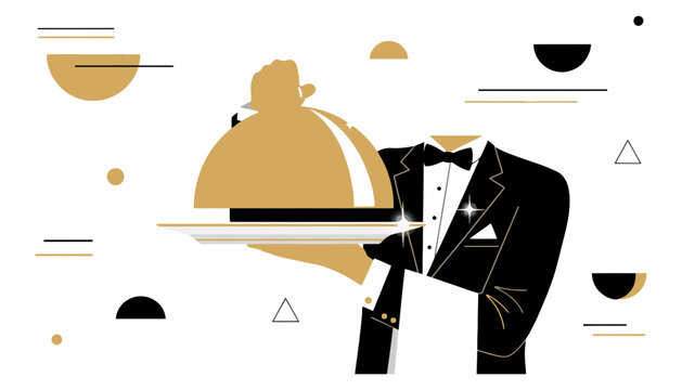 Waiter in formal tuxedo holding a covered silver platter