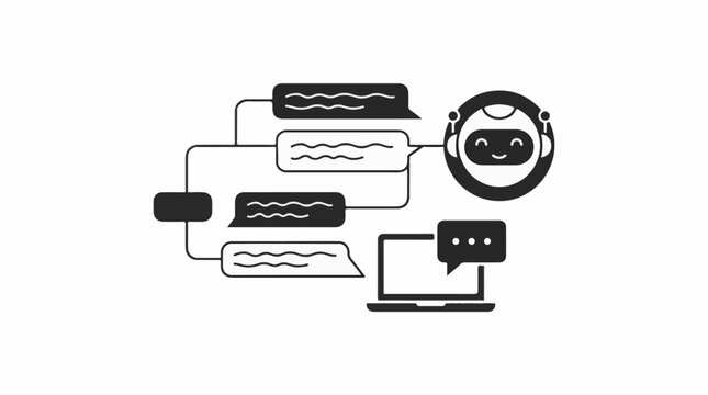 A flowchart shows a robot communicating with a laptop and multiple chat bubbles