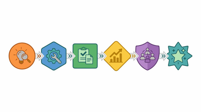 A flowchart shows idea generation implementation progress tracking team collaboration and success